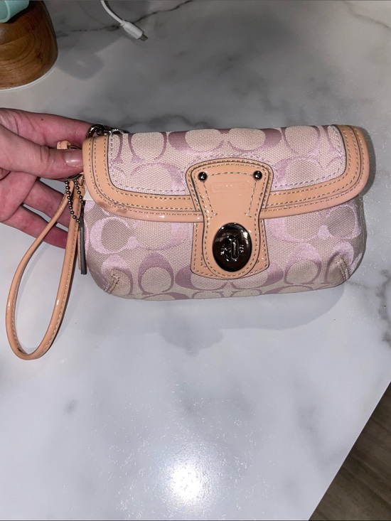 Coach Handbags - Coach Pink Signature Wristlet with Tan Leather Trim